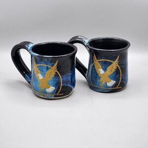 Hand Thrown Studio Art Pottery Mug Thumb Rest Blue Drip Glaze Signed Eagle 2